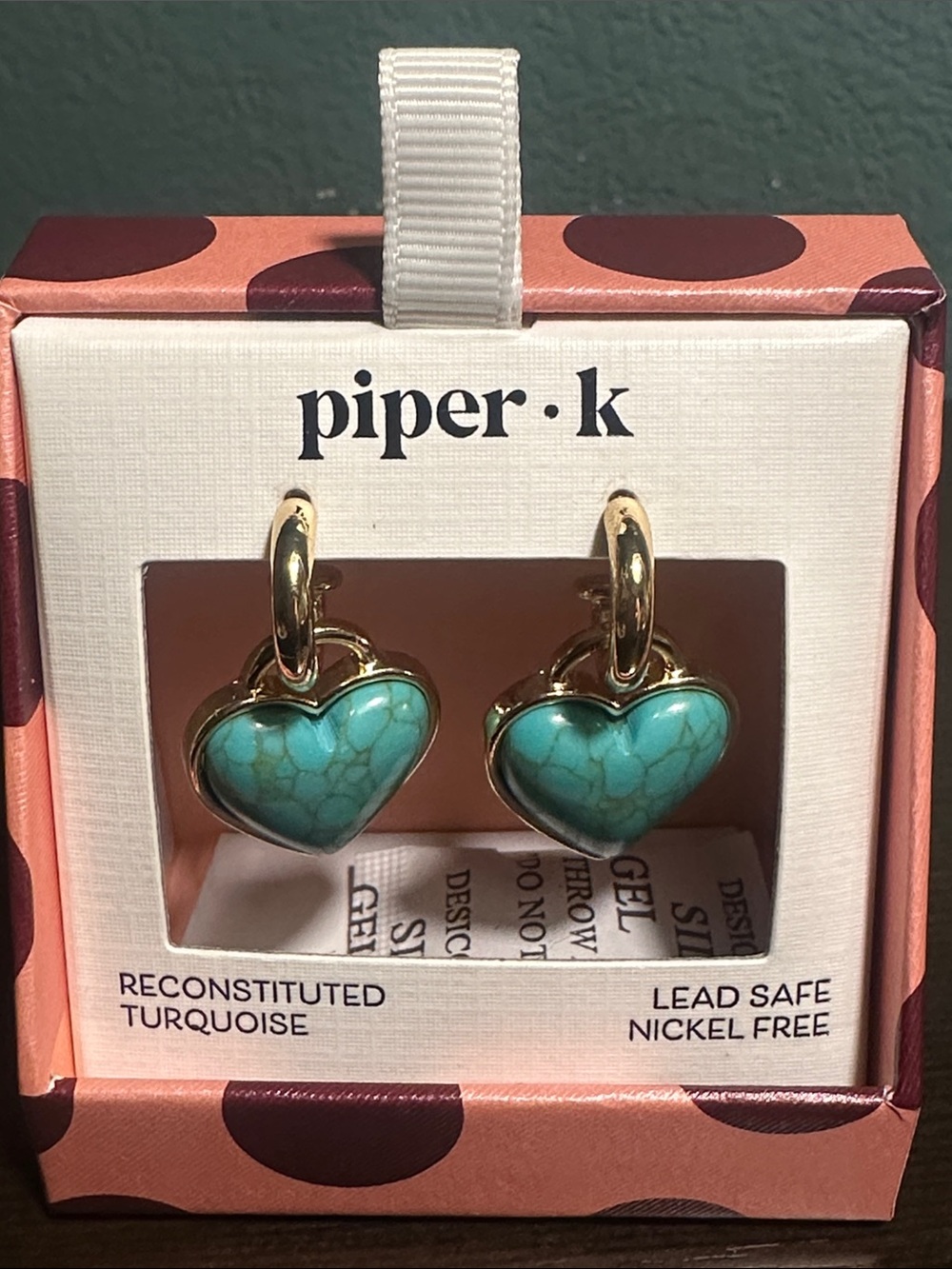 Piper K hooped turquoise heart shaped earrings